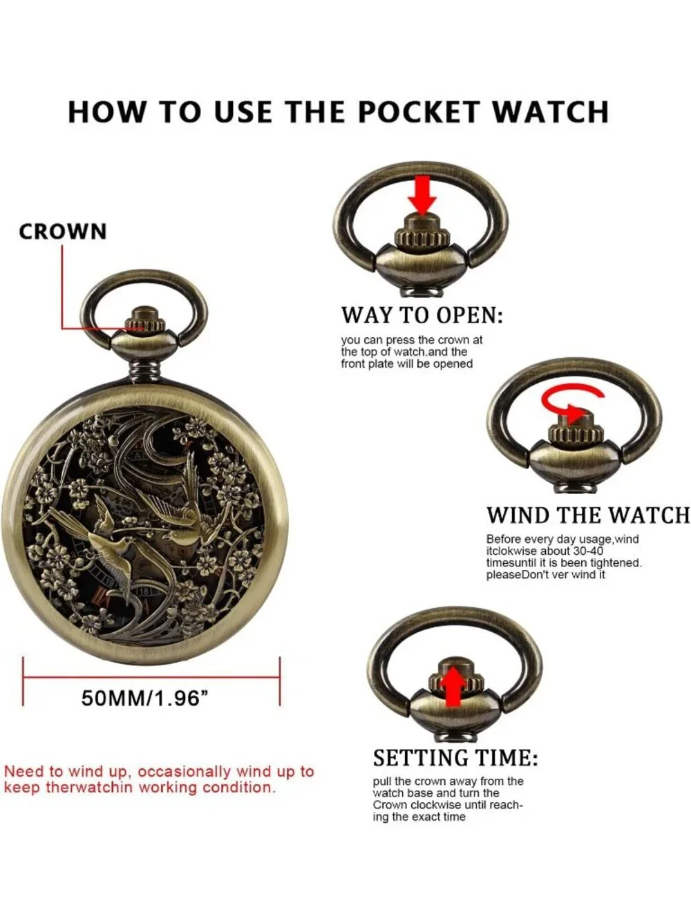 Men's Black Bronze Two Swallows Skeleton Roman Numerals Mechanical Pocket Watch